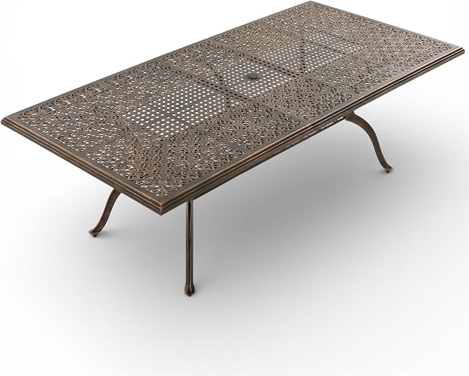 87" Rectangular Cast Aluminum Outdoor Dining Table, Elegant Bronze Patio Table for 8 with Strawberry & Leaf Design, 2" Umbrella Hole, Rustproof & Weather-Resistant Furniture for Garden