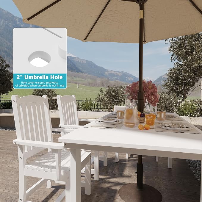 ROCSUMOO 5-Piece Outdoor Dining Table Sets, Patio HDPE Dining Table and Chair Set with Umbrella Hole, All Weather Outdoor Dining Furniture Set (White, 1 Table + 4 Chairs)