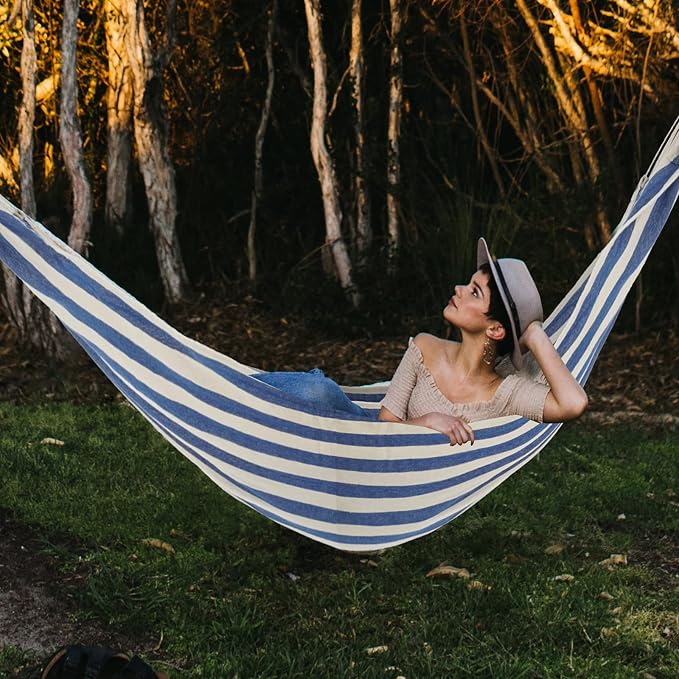 Double Hammock Brazilian Hammocks with Portable Carrying Bag,Soft Cotton Fabric, Up to 450 Lbs Hanging for Patio,Trees,Garden,Backyard,Porch,Outdoor and Indoor XXX-Large Stripe (Blue-White)