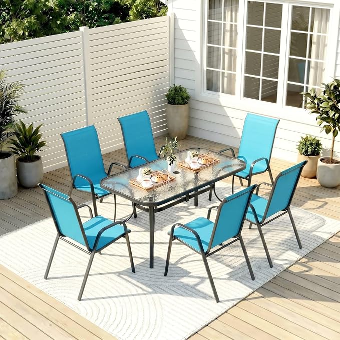 TLSUNNY 7 Pieces Patio Dining Set, Outdoor Table and Chairs W/1.69″ Umbrella Hole, 30"X 55" Table and Stackable Textilene Chair, All Weather Patio Furniture Set (Umbrella not Included)