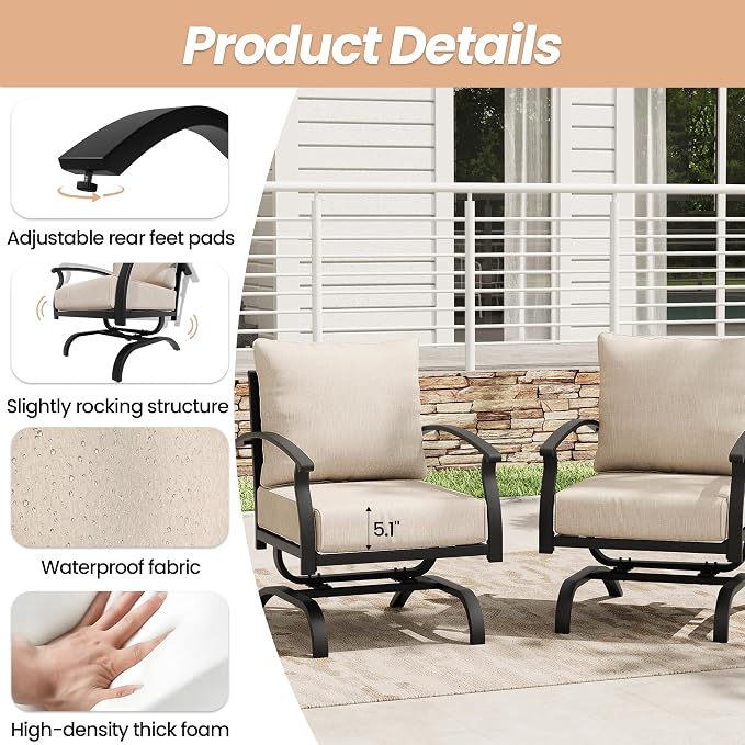 Metal Patio Furniture Set, 4 Piece Outdoor Sectional Conversation Sofa Set, 3-Seat Sofa w/2 Single Sofas and Coffee Table, Garden, Porch, Balcony, Deck, Sand