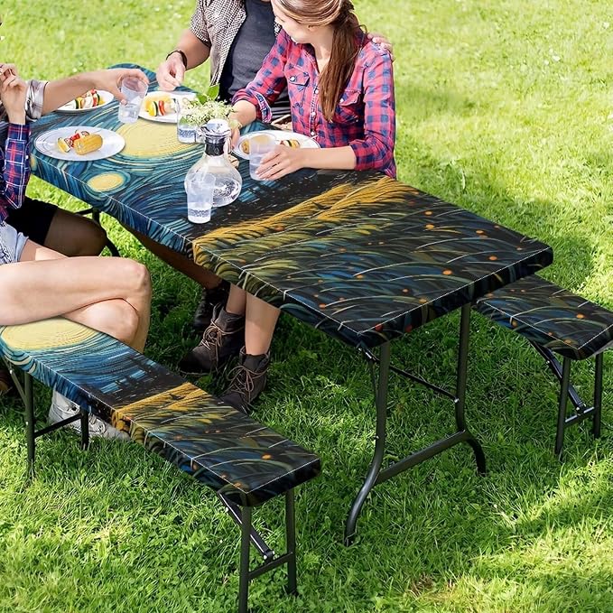 Van Gogh Starry Night Picnic Table Cover with Bench Covers Beach Camping Table Covers for 6 Foot Tables 3 Pcs Picnic Table Bench Covers Camping Essentials for Camper, 94x30 Inches