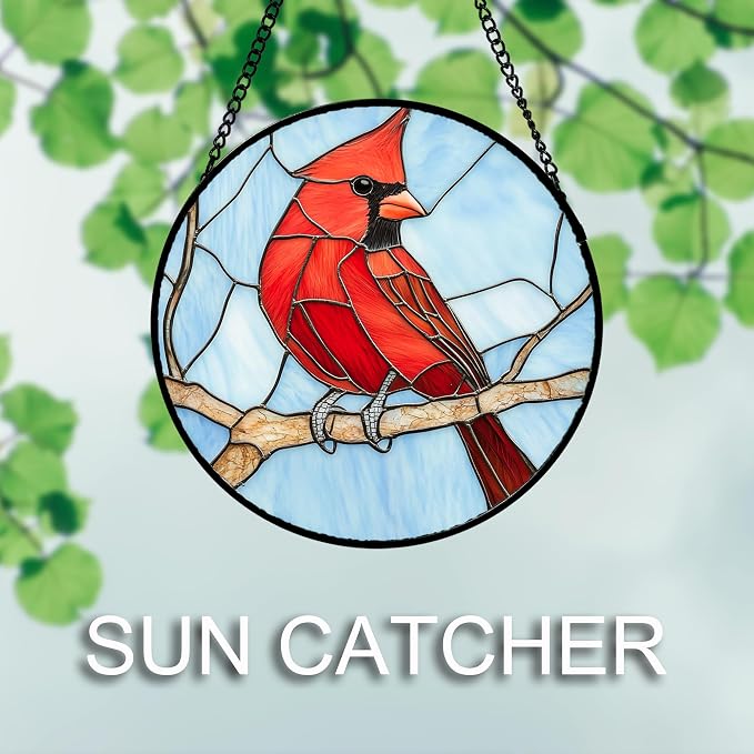 Stained Glass Window Hanging 4 Pcs Set Cardinal Blue Birds 6.3" - Suncatcher Door Garden Sun Catcher Decor Birthday Mother's Day for Bird Lovers Men Woman Nana Friend