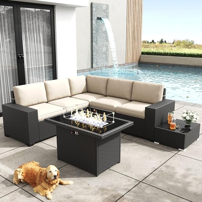 Patio Furniture Set with Fire Pit Table, 7 Pieces Outdoor All-Weather Wicker Conversation Sectional Chair Sofa Set