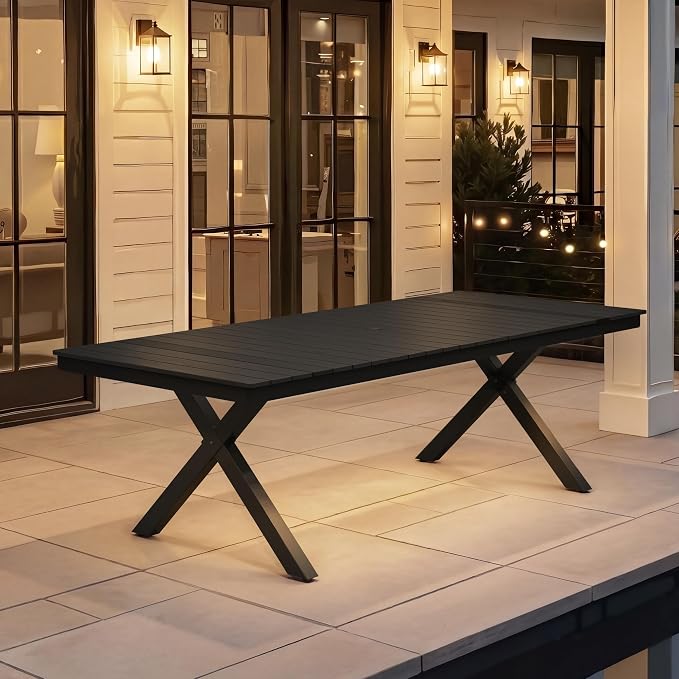 Pellebant 94" Outdoor Dining Table with LED Lights, 8-10 Person Aluminum Patio Table with Umbrella Hole, Sturdy Frame & 8ft Wood Grain Tabletop for Deck, Porch, Backyard