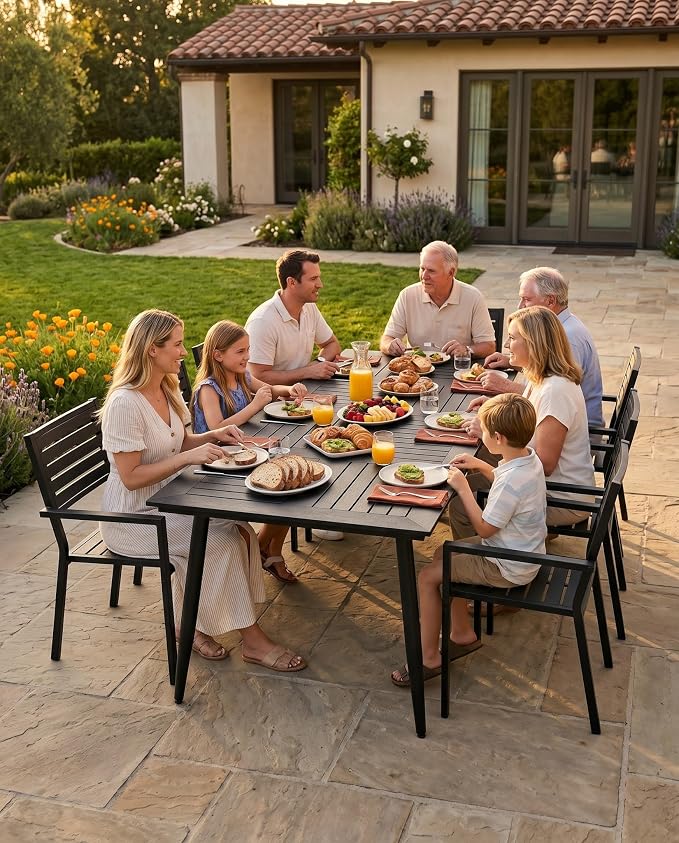 10 Piece Outdoor Dining Set All Weather Patio Dining Set with HDPE Wood-Like Tabletop, Rustproof Metal Outdoor Table and Chairs with 8 Stackable Chairs for Garden Backyard, Black