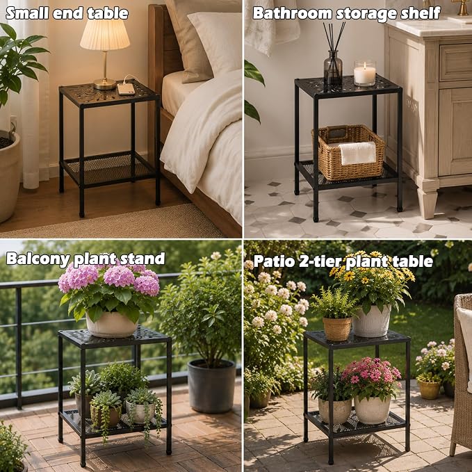 2-Tier Metal Side Table Rectangle Small End Table with Storage Shelf Laser-Cut Leaf Pattern Accent Table Indoor Outdoor Small Space Coffee Table for Living Room, Bedroom, Patio, Plant Stand, Black