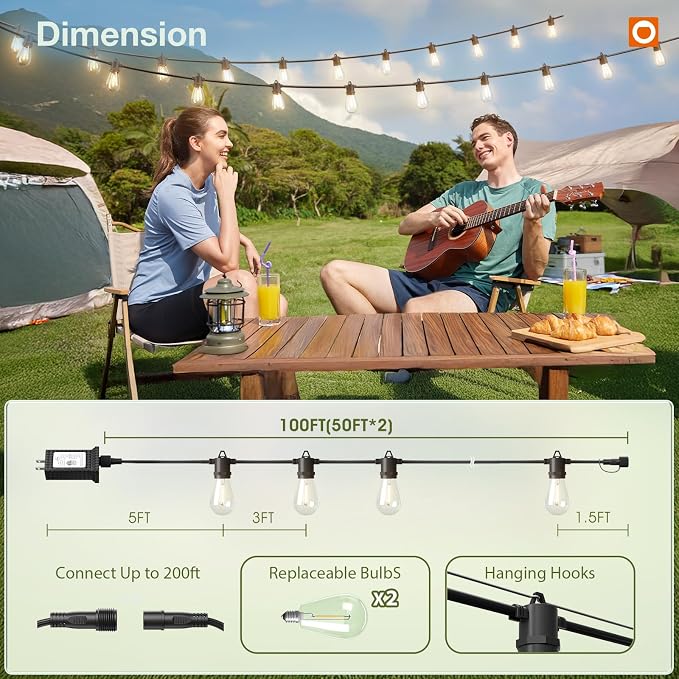 addlon 100FT Outdoor String Lights LED with Remote Dimmable Waterproof | Timer & 3 Lighting Modes, Shatterproof Edison Bulbs, Connectable Hanging Strand for Patio Outside Backyard Porch Party Décor