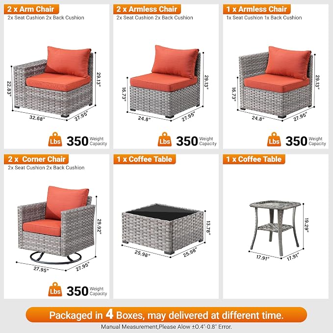 9-Piece Patio Furniture Set, Outdoor Wicker Furniture Sectional Set with Coffee Table, High Back Swivel Rocker Patio Chairs, Modern Rattan Outdoor Conversation Set for Porch, Balcony, Orange-Red
