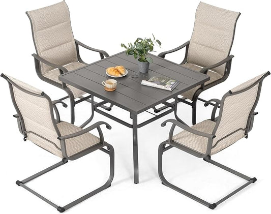 NUU GARDEN 5 Piece Outdoor Patio Dining Set, 37" Table with Umbrella Hole and 4 Textilene Dining Chairs, Patio Furniture for Porch Poolside Garden, Beige