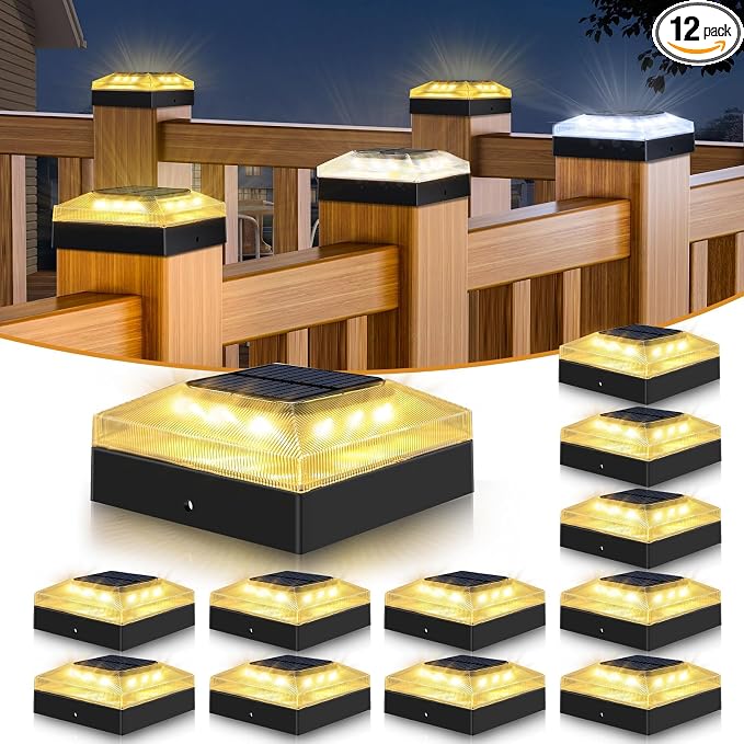 4x4 Solar Post Cap Lights Outdoor 12 Pack, 3 Color Modes/Dusk to Dawn/IP65 Waterproof, Fits 4x4 Vinyl/PVC Wood Posts Top, Black LED Fence Topper Light for Deck, Backyard