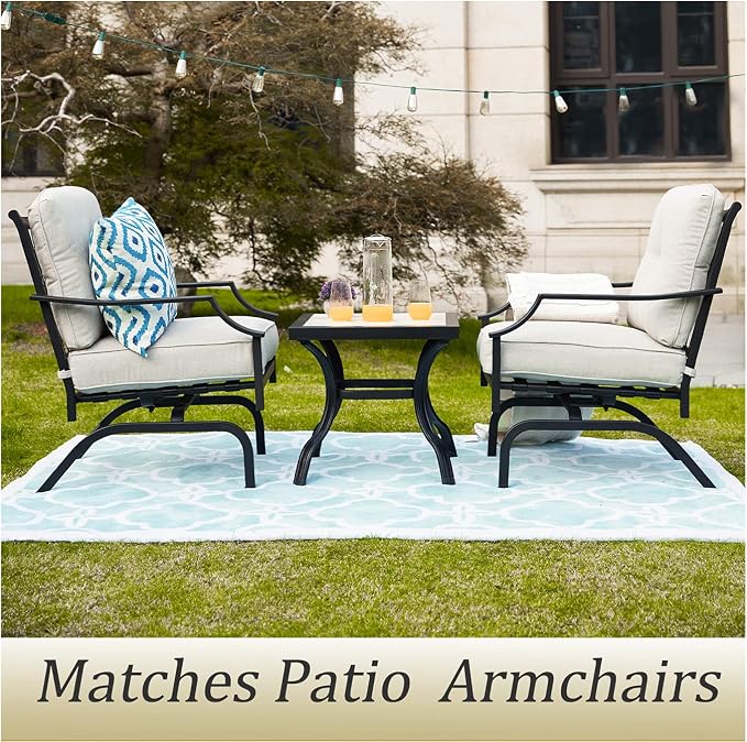 20.9" Outdoor Table Bistro Table with Ceramics Top Black Metal Frame Square Side Table for Bistro Balcony Deck, Off-White