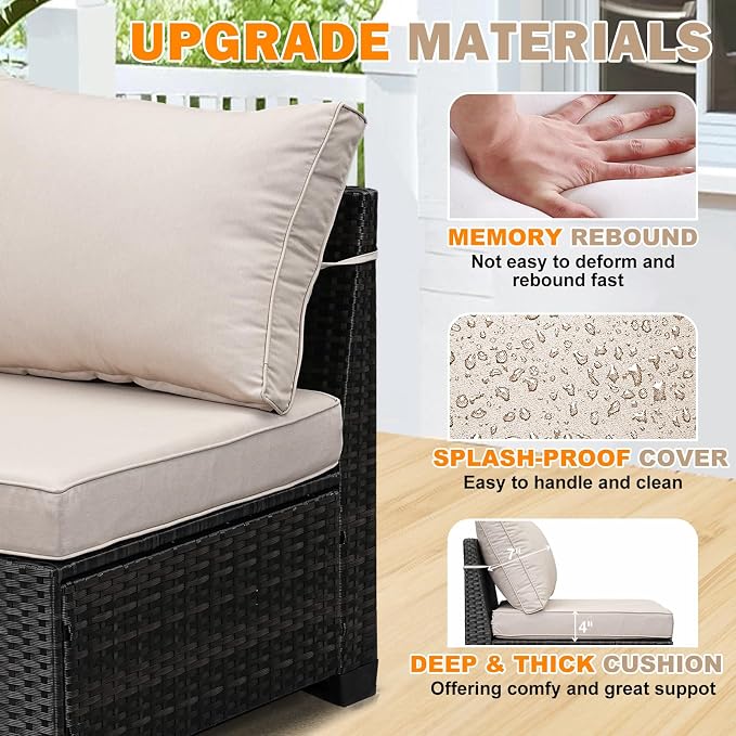 7-Piece Outdoor Patio Furniture Set, Modular Wicker Sectional Sofa with Thick Cushions & Coffee Table, All-Weather Rattan Conversation Set for Backyard, Porch, Poolside, Beige