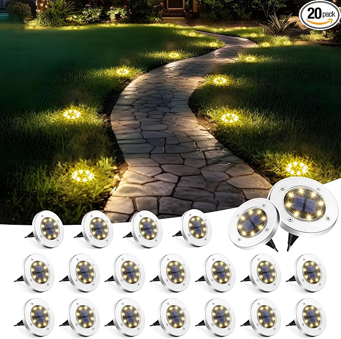SOLPEX Solar Ground Lights Outdoor, Walkway Lights 20 Pack Warm White | IP65 Waterproof Stainless Steel Landscape Lighting for Driveway, Pathway, Garden, Patio, Backyard Decor