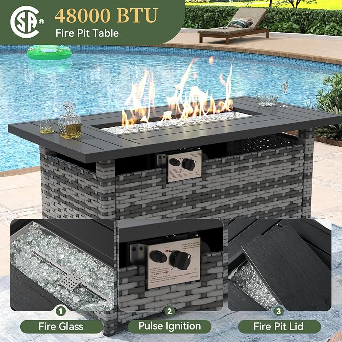 Aoxun 15 Piece Patio Furniture Set with 44” Fire Pit Table Wicker Rattan Outdoor Sectional Sofa Set with Coffee Table and Thickened Cushions, Grey/Blue