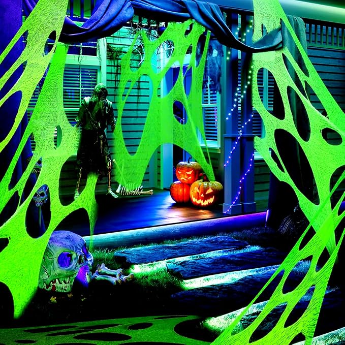 Glow in The Dark Green 1000 Sqft Uncut Giant Spider Web Halloween Decorations Outdoor with 1 Black Light &10 Ground Nails Stretchy Beef Cloth Netting DIY for Yard Party