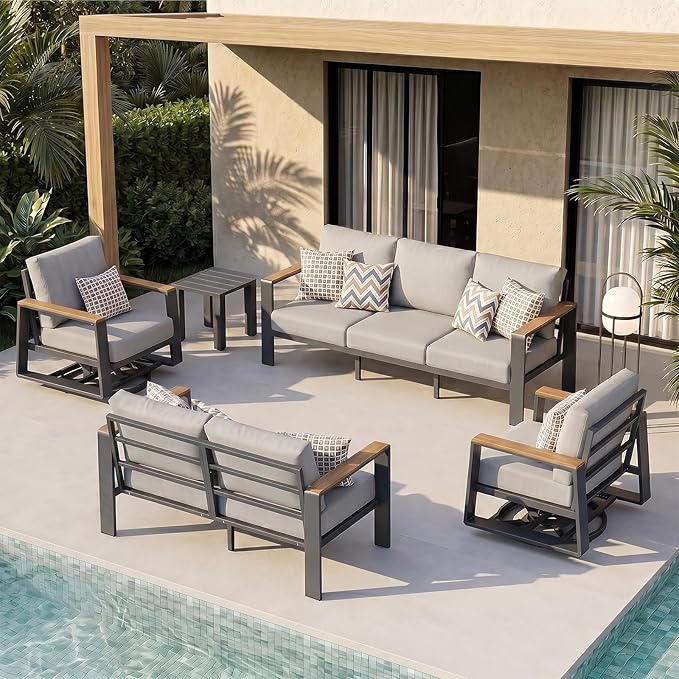 Aluminum Outdoor Patio Furniture Set, 5-Piece Patio Conversation Set with 5" Thick Cushions, Aluminum 360-Degree Large Outdoor Furntiure Set with Side Table and 5-Seat Sofa, Graphite
