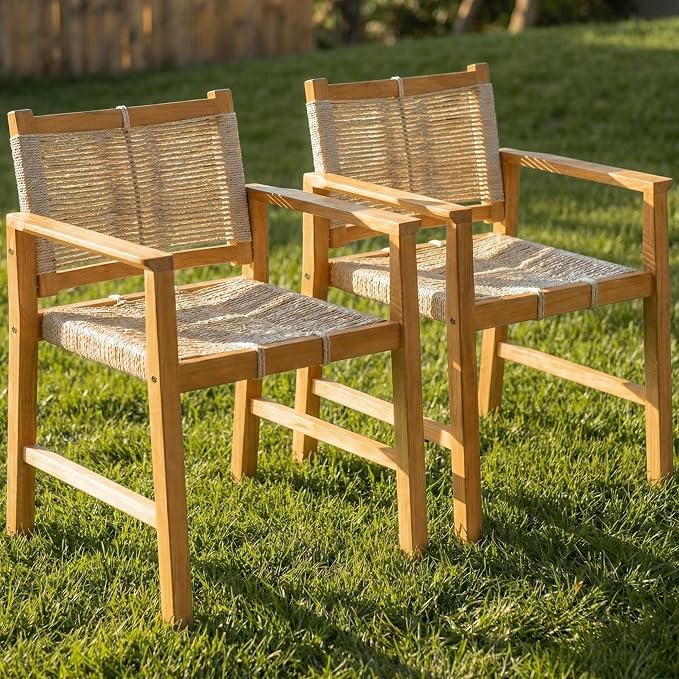 Heritage Woven Rope Eucalyptus Wood Armchair, Set of 2 Oversized Wide Backrest for Enhanced Comfort - Handcrafted Outdoor Patio Dining Chairs, Solid Eucalyptus Boho Seating for Deck, Porch & Backyard