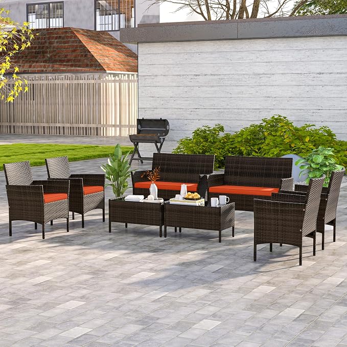 4 Piece Patio Furniture Set, Sectional Conversation Sofa Set with Glass Coffee Table, Cushions & Loveseat, Wicker Outdoor Table and Chairs for Pool, Garden, Deck, Backyard (2, Orange)