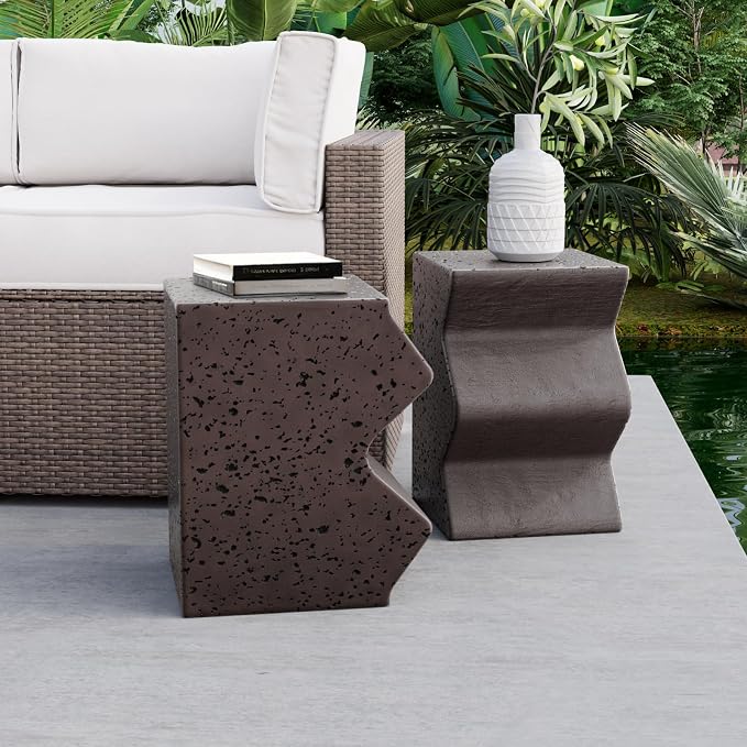 COSIEST Concrete Side Table, Set of 2 Rectangular Outdoor Side Tables, Decorative Garden Stools for Indoor Outdoor, Accent Table Patio Side Table End Table w Spotted, Brown