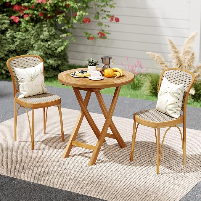 Tangkula 27.5" Teak Wood Patio Dining Table, Round Outdoor Bistro Table with Slatted Tabletop, Sturdy X-Shaped Frame, Wood Outside Table for Backyard, Poolside, Garden, Lawn, Natural