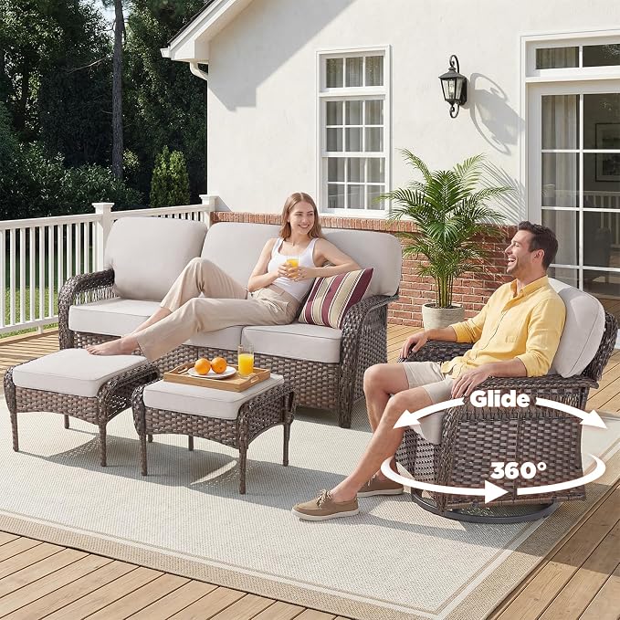 Belord Patio Wicker Swivel Rocker Patio Chairs with Ottoman, Outdoor Rattan Chairs for Deck Porch Poolside, 10 Piece Patio Conversation Furniture Set,Beige