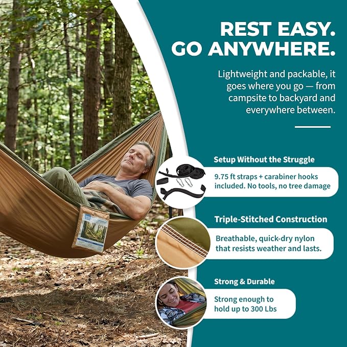 Bliss Hammocks BH-406ST-FG Hammock in a Bag w/ Carabiners + Tree Straps, 52-in. Wide, Weather Resistant, 300 Lb. Capacity (Forest Green)