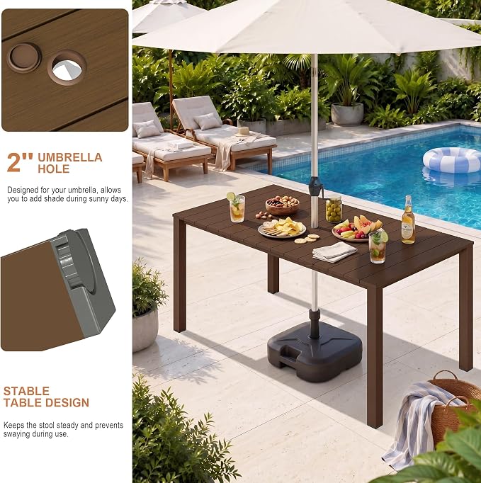 Domi HDPE Outdoor Dining Set, All-Weather 7 Piece Outdoor Dining Table Set with 2" Umbrella Hole, Outdoor Patio Dining Set for Garden, Poolside, Backyard, Deck, Brown