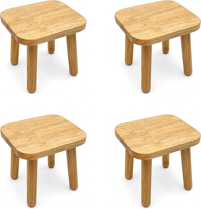 Wooden Picnic Stools Set of 4, Tool-Free Assembly Solid Wood Low Profile Portable Seats for Indoor Home, Outdoor Camping, Beach and Patio