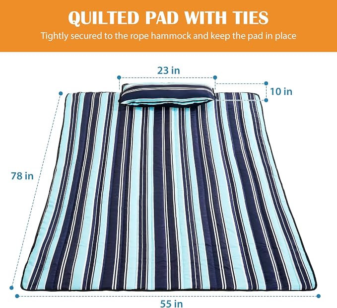 Lazy Daze Hammocks 2 Person Hammock Pad and Pillow Set, Double Polyester Quilted 78" x55" Replacement Pad for Rope Hammock, Aqua Navy