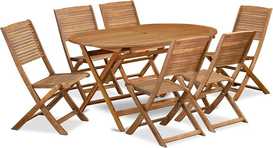 East West Furniture DIFM7CWNA 7 Piece Patio Dining Set Includes an Oval Outdoor Acacia Wood Table and 6 Folding Side Chairs, 36x60 Inch, Natural Oil