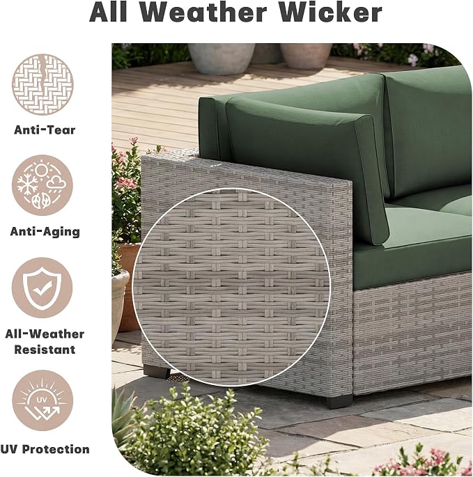 Patio Furniture Set 7 Pieces Conversation Set Wicker Outdoor Sectional Sofa,Ergonomic Armrests Couch with Cushion and Glass Table (Grey White-Green, 7 Piece-Single)