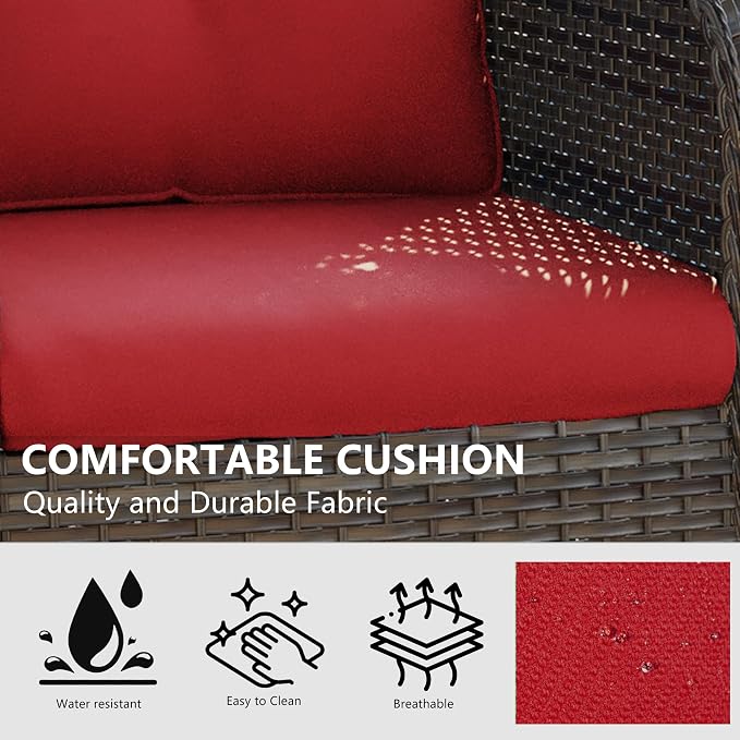 5 Piece Outdoor Patio Furniture Set Wicker Conversation Bistro Set Swivel Rocking Chairs with Side Table and Ottomans for Backyard, Porch, Deck(Mixed Grey/Red)