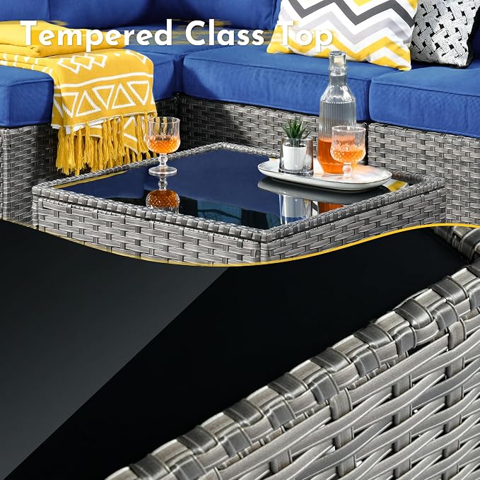 Wreaxty 7 Pieces Outdoor Patio Furniture Set,Wicker Sectional Sofa Couch with Thicken Cushion and Glass Coffee Table,All Weather Rattan Patio Conversation Sets for Porch,Poolside,Backyard,Navy Blue