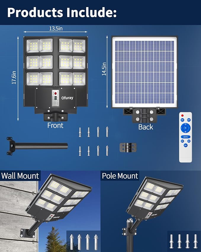 Of-800W Solar Street Lights Outdoor, Commercial Parking Lot Light | Solar Flood Light, LED Area Light with Motion Sensor,Dusk to Dawn,Remote Control for Security Lighting in Streets,Court,Barns