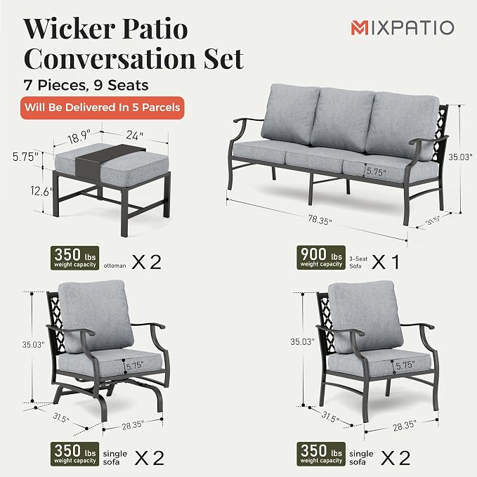 MIXPATIO Patio Furniture Set 7 pcs, Outdoor Patio Furniture, 3-Seat Sofa, 2 Single Chairs, 2 Rocking Chairs, 2 Ottomans and 5.75" Extra Thick Cushion, Patio Conversation Set for Backyard Deck,Grey