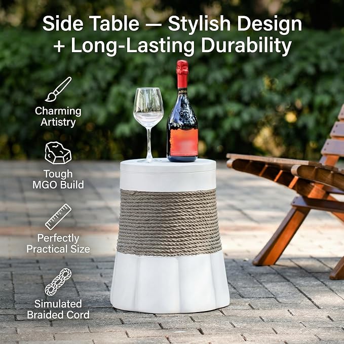 Outdoor Side Table, Small Pedestal End Table with Woven Texture & Scalloped Base, Farmhouse Vintage Accent Table for Indoor Outdoor Living Room Bedroom Patio, No Assembly, 14" D x 16.9" H