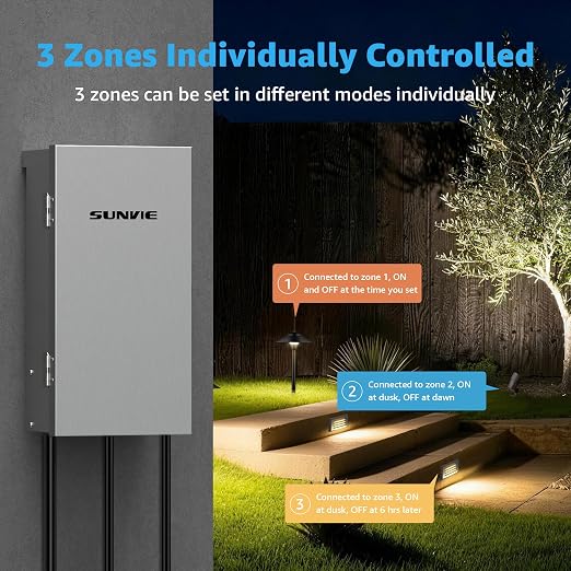 SUNVIE 300W Low Voltage Transformer with 3 Zone, Photocell Sensor & Timer | 120V to 12V/14V AC Landscape Transformer, 304 Stainless Steel, Circuit Protection, for Garden Lights Path Lights Spotlights