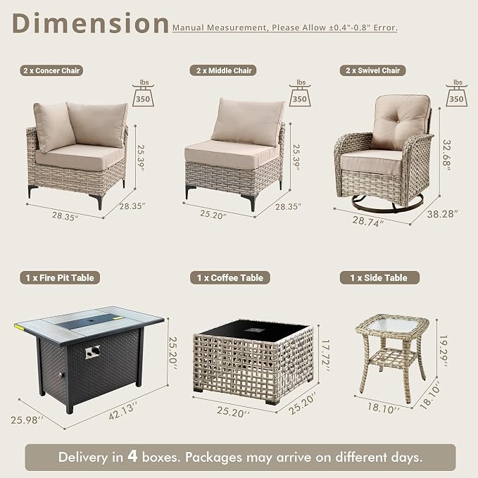 9 Pieces Patio Sectional Furniture Set, Outdoor Wicker Sectional Couch with Firepit Swivel Rocker Chairs Solar Lights Table, Modern Conversation Set for Porch Balcony Backyard, Beige