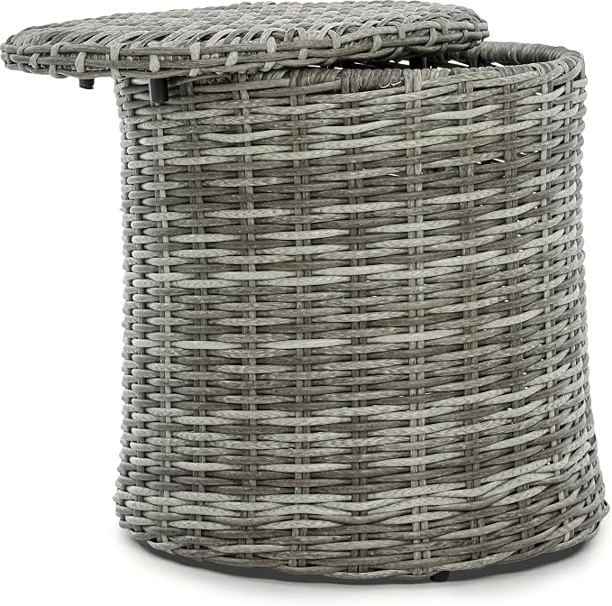 Pemberly Row Outdoor Side Table with Storage, Gray Hand-Woven All-Weather Wicker, Round Accent Table, 18 in Wide Top, 19 in Deep Storage, Adjustable Feet for Patio or Terrace Use