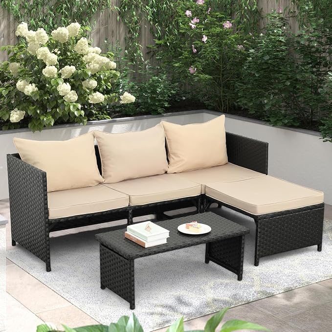 3-Piece Outdoor PE Rattan Furniture Set Patio Black Wicker Conversation Loveseat Sofa Sectional Couch Turquoise Cushion(Beige)