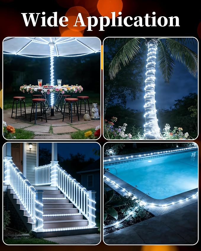 Solar Rope Lights Outdoor, 2 Packs Total 144FT 400LED Solar String Lights with 8 Lighting Modes, Waterproof Solar Powered Fairy Lights for Party Garden Yard Home Holiday Tree Decoration, Pure White