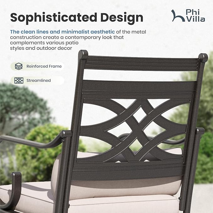 PHI VILLA Patio Dining Set, for 6, Swivel Chairs | E-Coated and Steel, Rectangle Table, Beige Cushion, 1.57" Umbrella Hole