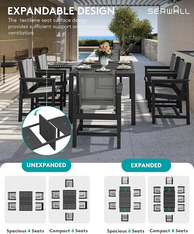 SERWALL Outdoor Dining Chairs Set of 2, Black | All-Weather HDPE and Patio Textilene Chairs Suitable for Outdoor Dining Table
