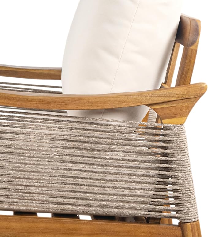 Christopher Knight Home Heidi Acacia Wood 5 Piece Patio Furniture Set 7-Seater Outdoor Loveseat, 3-Seater Sofa, Club Chairs and Coffee Table, Patio Conversation Set With Woven Rope Accents, Teak+Beige