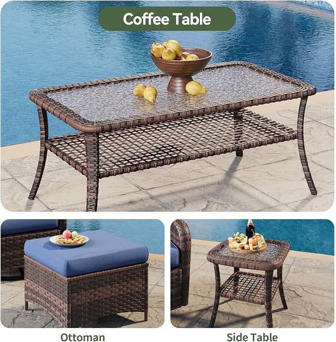 Aoxun 7-Piece Patio Furniture Set with Thick Cushions, Wicker Rattan Outdoor Sectional Sofa with High Back Swivel Rocker Chairs, Outdoor Patio Furniture Set with Coffee Table & Ottoman, Blue