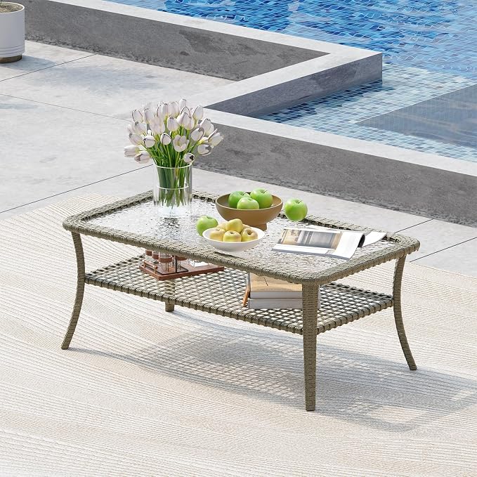 LazySunsets Outdoor Coffee Table with Storage Wicker Patio Coffee Table, Tempered Glass Top Table for Patio Outside Balcony Porch Deck, Yellow