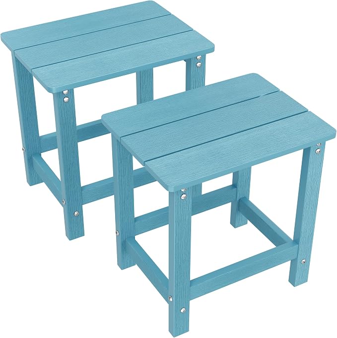 MXIMU Outdoor Side Table Set of 2: Heavy-Duty Sturdy Warp Resistant Adirondack Table - Wood Grain Finish Outdoor End Tables - Easy Assembly & Low Maintenance Patio Side Table Blue