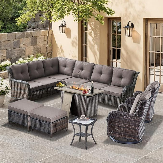HUMMUH 8 Pieces Outdoor Patio Furniture Set with Fire Pit,L-Shaped Modular Sectional Couches with Swivel Patio Chairs,Wicker Conversation Set for Deck,Backyard,Porch,Garden