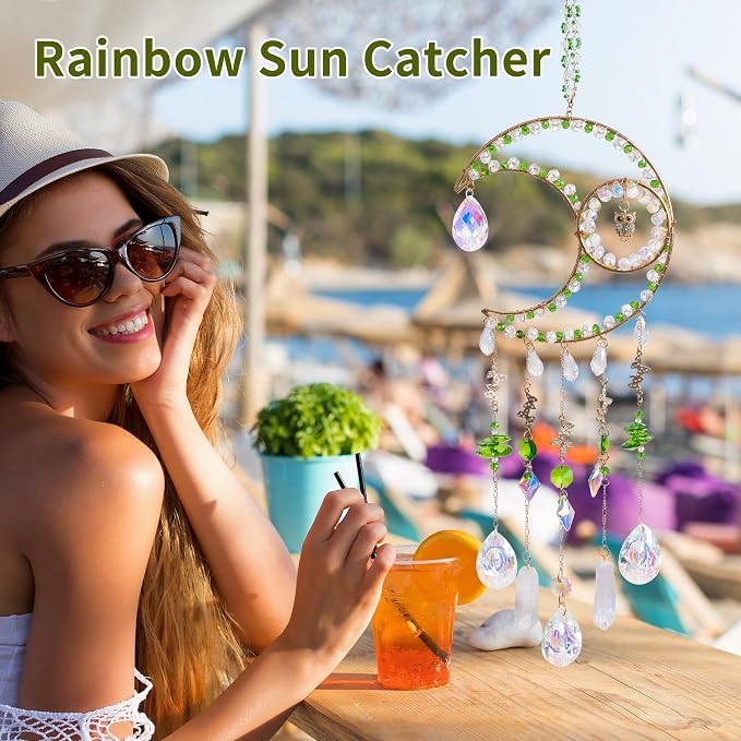 Moon Crystal Suncatcher Rainbow Maker Window Hanging Decoration - Green | Handmade crystal decoration with natural stones, creates rainbow reflections for windows, bedrooms and home decor.